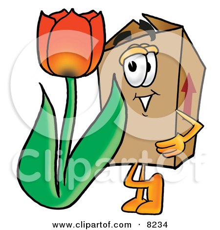 Clipart Picture of a Cardboard Box Mascot Cartoon Character With a Red Tulip Flower in the Spring by Mascot Junction