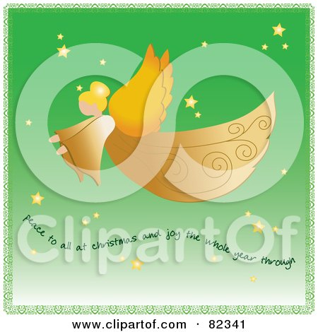 Royalty-Free (RF) Clipart Illustration of a Graceful Golden Angel Flying Through A Green Starry Sky With Text by Pams Clipart