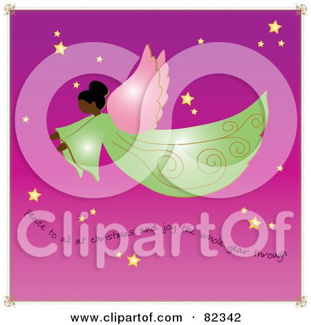 Royalty-Free (RF) Clipart Illustration of a Graceful African American Angel Flying Through A Purple Starry Sky With Text  by Pams Clipart