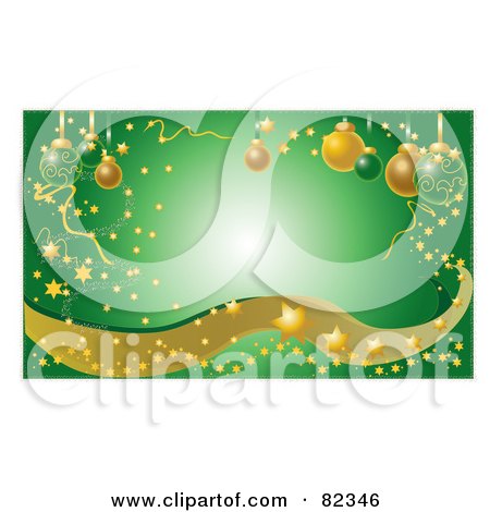 Royalty-Free (RF) Clipart Illustration of a Green Glowing Christmas Background With Confetti, Stars, Sparkles, Waves And Ornaments by Pams Clipart