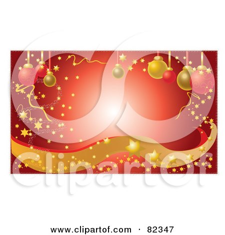 Royalty-Free (RF) Clipart Illustration of a Red Glowing Christmas Background With Confetti, Stars, Sparkles, Waves And Ornaments by Pams Clipart