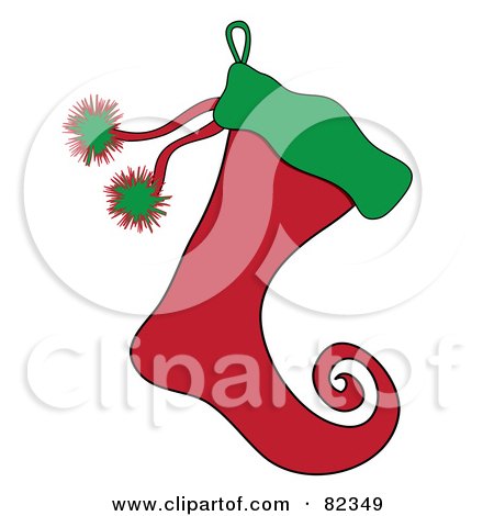 Royalty-Free (RF) Clipart Illustration of a Red And Green Christmas Elf Stocking With Green Puffs by Pams Clipart