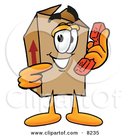 Clipart Picture of a Cardboard Box Mascot Cartoon Character Holding a Telephone by Mascot Junction
