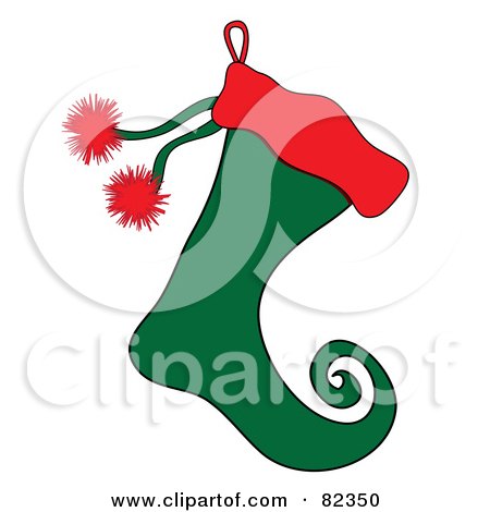Royalty-Free (RF) Clipart Illustration of a Red And Green Christmas Elf Stocking With Red Puffs by Pams Clipart