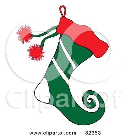 Royalty-Free (RF) Clipart Illustration of a Red And Green Christmas Elf Stocking With White Stripes by Pams Clipart