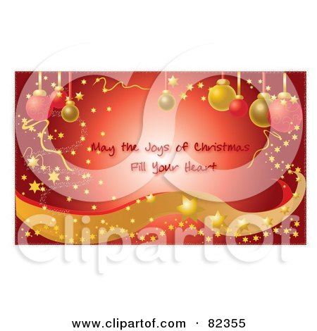 Royalty-Free (RF) Clipart Illustration of a Red Glowing Christmas Greeting With Confetti, Stars, Sparkles, Waves And Ornaments, Text Reading May The Joys Of Christmas Fill Your Hear by Pams Clipart