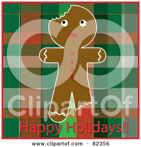 Royalty-Free (RF) Clipart Illustration of a Scared Bitten Gingerbread Man On A Plaid Background With Happy Holidays Text by Pams Clipart