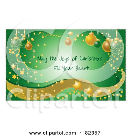 Royalty-Free (RF) Clipart Illustration of a Green Glowing Christmas Greeting With Confetti, Stars, Sparkles, Waves And Ornaments, Text Reading May The Joys Of Christmas Fill Your Hear by Pams Clipart