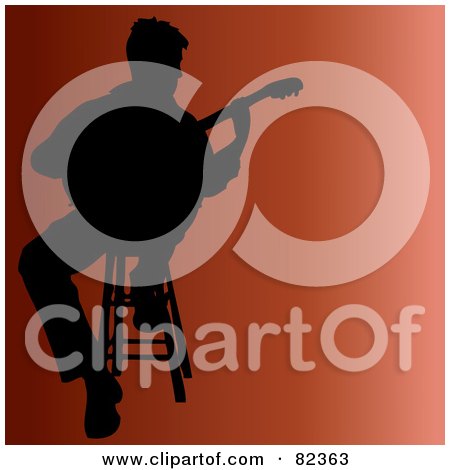 Royalty-Free (RF) Clipart Illustration of a Black Silhouetted Male Guitarist Sitting On A Stool Over Gradient Orange by Pams Clipart