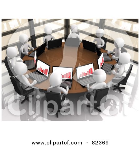 Circle Of 3d White People With Bar Graphs On Their Laptops, Discussing Financials In A Corporate Meeting Posters, Art Prints