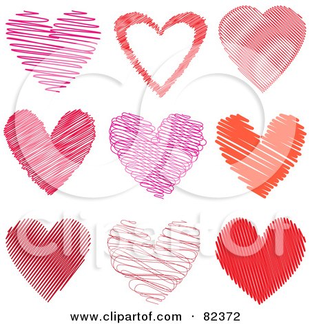 Royalty-Free (RF) Clipart Illustration of a Digital Collage Of Nine Scribble Hearts In Pink And Red by KJ Pargeter