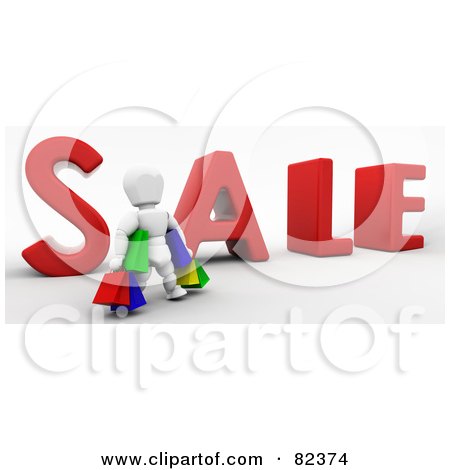 Royalty-Free (RF) Clipart Illustration of a 3d White Character Standing With Colorful Shopping Bags In Front Of Sale by KJ Pargeter
