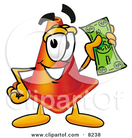 Clipart Picture of a Traffic Cone Mascot Cartoon Character Holding a Dollar Bill by Mascot Junction