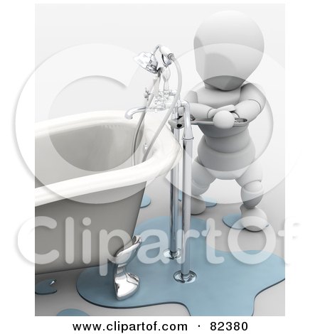 Royalty-Free (RF) Clipart Illustration of a 3d White Character Plumber Fixing A Leaking Claw Foot Tub Fixture by KJ Pargeter