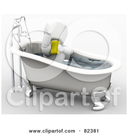 Royalty-Free (RF) Clipart Illustration of a 3d White Character Bathing With A Sponge In A Claw Foot Tub by KJ Pargeter