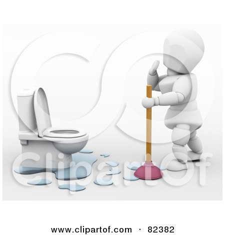 Royalty-Free (RF) Clipart Illustration of a 3d White Character Plumber With A Plunger By A Toilet by KJ Pargeter
