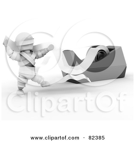 Royalty-Free (RF) Clipart Illustration of a 3d White Character Stuck In Stripes Of Tape By A Dispenser by KJ Pargeter
