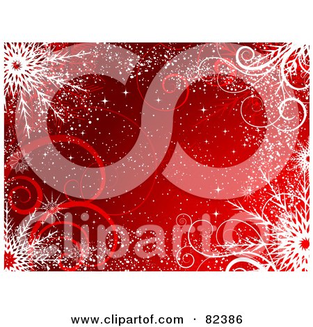 Royalty-Free (RF) Clipart Illustration of a Red Winter Background With Snow, Swirls And Snowflakes by KJ Pargeter