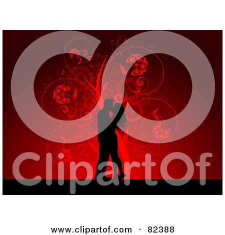 Royalty-Free (RF) Clipart Illustration of a Black Kissing Couple Silhouette Over A Red Floral Swirl Background by KJ Pargeter