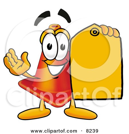 Clipart Picture of a Traffic Cone Mascot Cartoon Character Holding a Yellow Sales Price Tag by Mascot Junction