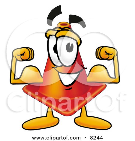 Clipart Picture of a Traffic Cone Mascot Cartoon Character Flexing His Arm Muscles by Mascot Junction