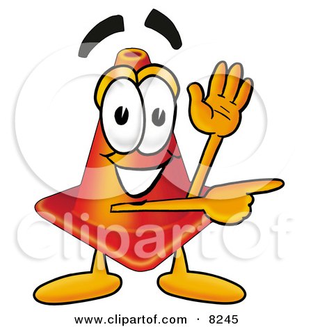Clipart Picture of a Traffic Cone Mascot Cartoon Character Waving and Pointing by Mascot Junction