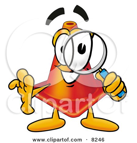 Clipart Picture of a Traffic Cone Mascot Cartoon Character Looking Through a Magnifying Glass by Mascot Junction