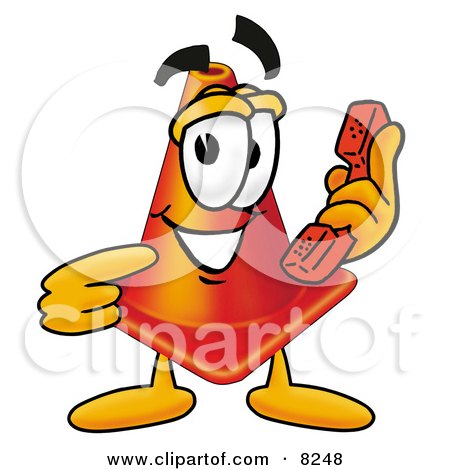 Clipart Picture of a Traffic Cone Mascot Cartoon Character Holding a Telephone by Mascot Junction