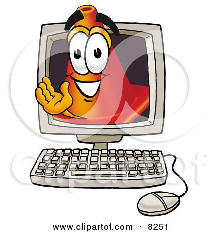 Clipart Picture of a Traffic Cone Mascot Cartoon Character Waving From Inside a Computer Screen by Mascot Junction