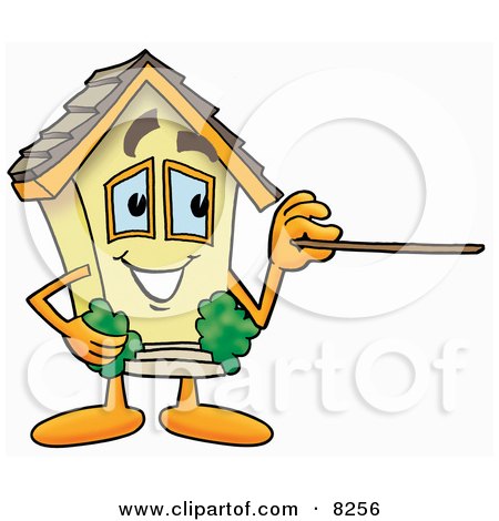 Clipart Picture of a House Mascot Cartoon Character Holding a Pointer Stick by Mascot Junction
