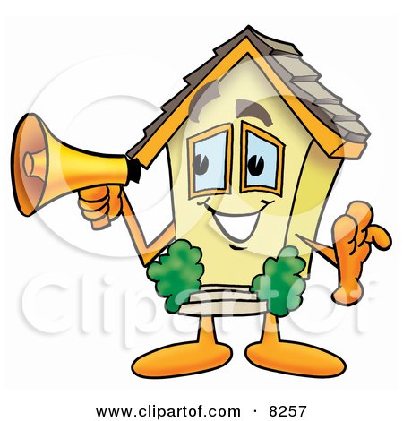 Clipart Picture of a House Mascot Cartoon Character Holding a Megaphone by Mascot Junction