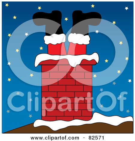 Royalty-Free (RF) Clipart Illustration of Santa 'S Stuck Legs Sticking Out Of A Brick Chimney On A Snowy Night by Pams Clipart
