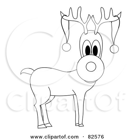 Royalty-Free (RF) Clipart Illustration of a Black And White Outline Of Rudolph The Reindeer With Two Baubles On His Antlers by Pams Clipart