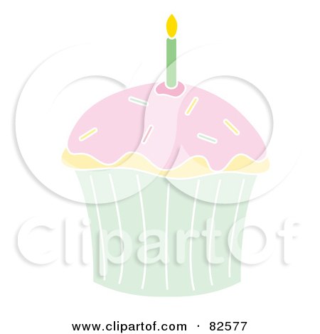 Royalty-Free (RF) Clipart Illustration of a Green Birthday Candle In A Vanilla Cupcake With Pink Frosting And Sprinkles by Pams Clipart