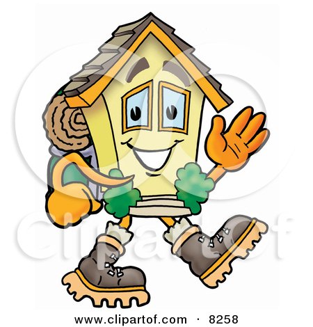 Clipart Picture of a House Mascot Cartoon Character Hiking and Carrying a Backpack by Mascot Junction