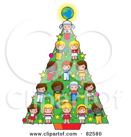 Royalty-Free (RF) Clipart Illustration of Cultural Children And A Globe Decrating A Christmas Tree, by Maria Bell