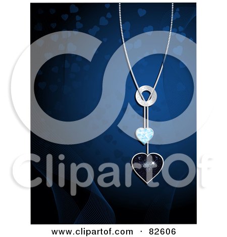 Royalty-Free (RF) Clipart Illustration of a Shiny Blue Heart Pendant Necklace Over A Blue Background by elaineitalia