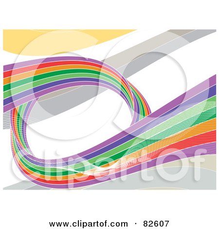 Royalty-Free (RF) Clipart Illustration of a Rainbow Wave With White Wire Waves On Gray, Beige And White by elaineitalia