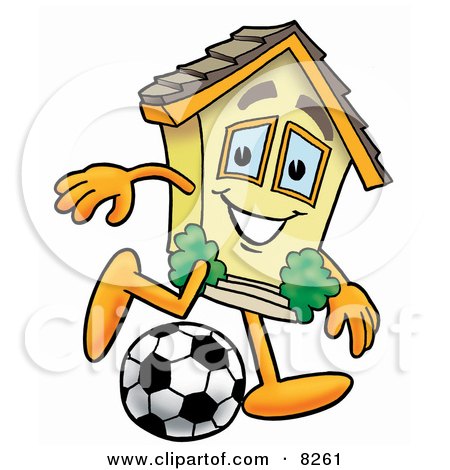 Clipart Picture of a House Mascot Cartoon Character Kicking a Soccer Ball by Mascot Junction