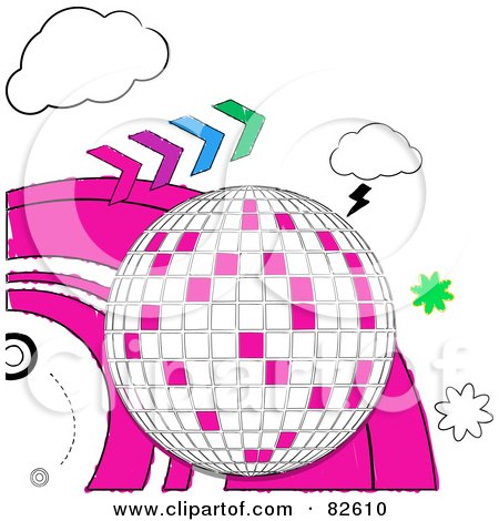 Royalty-Free (RF) Clipart Illustration of a Doodled Disco Ball With Forward Arrows, Clouds, Bursts And Pink Waves by elaineitalia