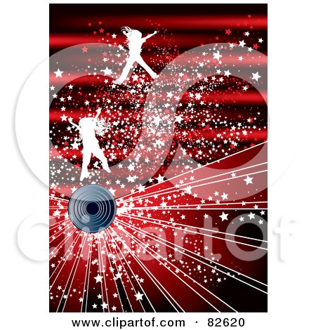 Royalty-Free (RF) Clipart Illustration of a Red Burst Background Of White Jumping Girls With Stars Over A Speaker by MilsiArt