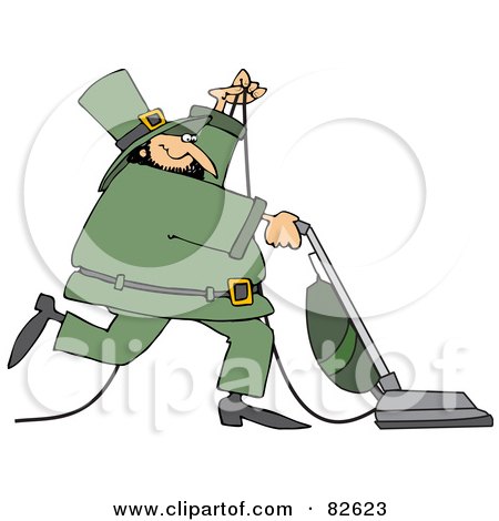 Royalty-Free (RF) Clipart Illustration of a Happy Leprechaun Vacuuming And Wearing A Green Suit by djart