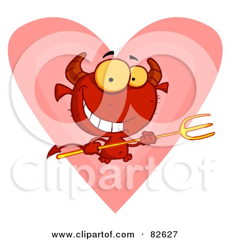Royalty-Free (RF) Clipart Illustration of a Grinning Devily Guy Holding A Pitchfork In Front Of A Heart by Hit Toon
