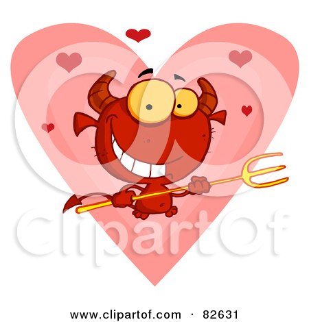 Royalty-Free (RF) Clipart Illustration of Hearts Over A Devil Guy Holding A Pitchfork In Front Of A Heart by Hit Toon