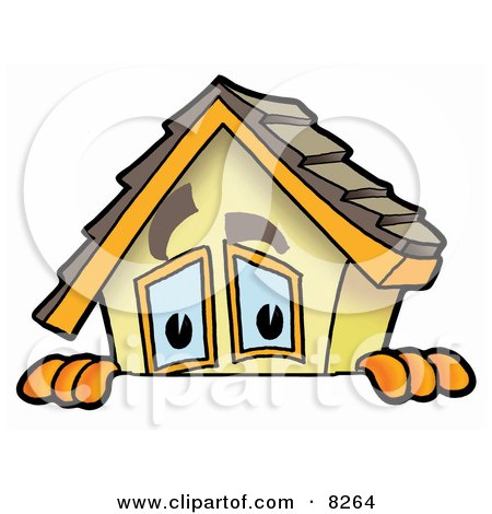 Clipart Picture of a House Mascot Cartoon Character Peeking Over a Surface by Mascot Junction
