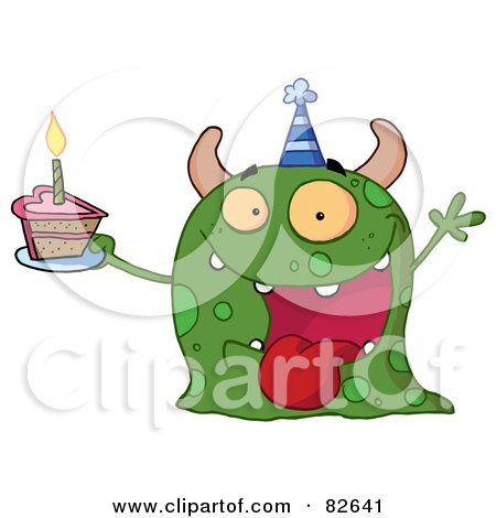Royalty-Free (RF) Clipart Illustration of a Spotted Green Birthday Monster Wearing A Party Hat And Holding A Slice Of Cake by Hit Toon