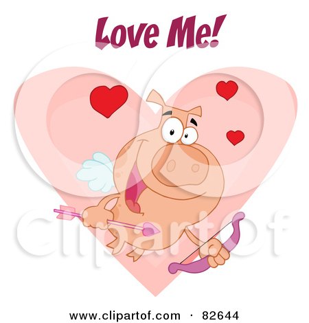 Royalty-Free (RF) Clipart Illustration of Love Me Text Over A Cupid Piggy With Hearts Over A Pink Heart by Hit Toon