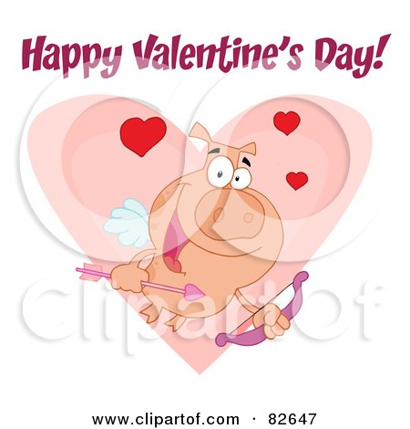 Royalty-Free (RF) Clipart Illustration of Happy Valentine's Day Text Over A Cupid Piggy With Hearts Over A Pink Heart by Hit Toon