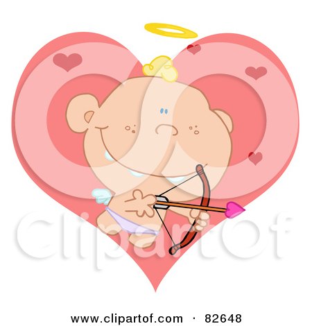 Royalty-Free (RF) Clipart Illustration of a Baby Cupid Shooting Arrows Over Big And Small Hearts by Hit Toon