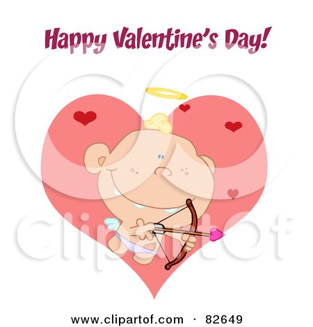 Royalty-Free (RF) Clipart Illustration of a Happy Valentine's Day Greeting Over A Baby Cupid Shooting Arrows Over Big And Small Hearts by Hit Toon